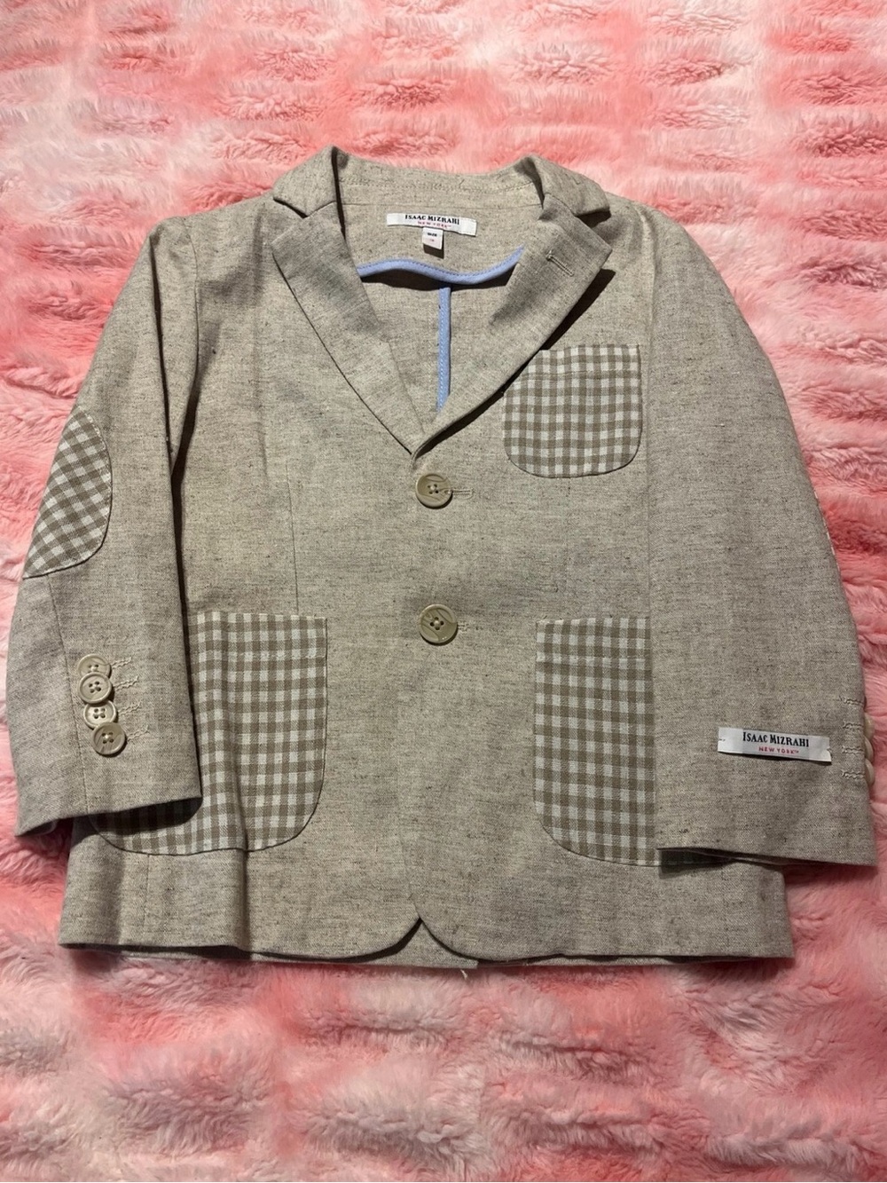 Isaac Mizrahi Kids Beige Blazer with Gingham Patch Pockets